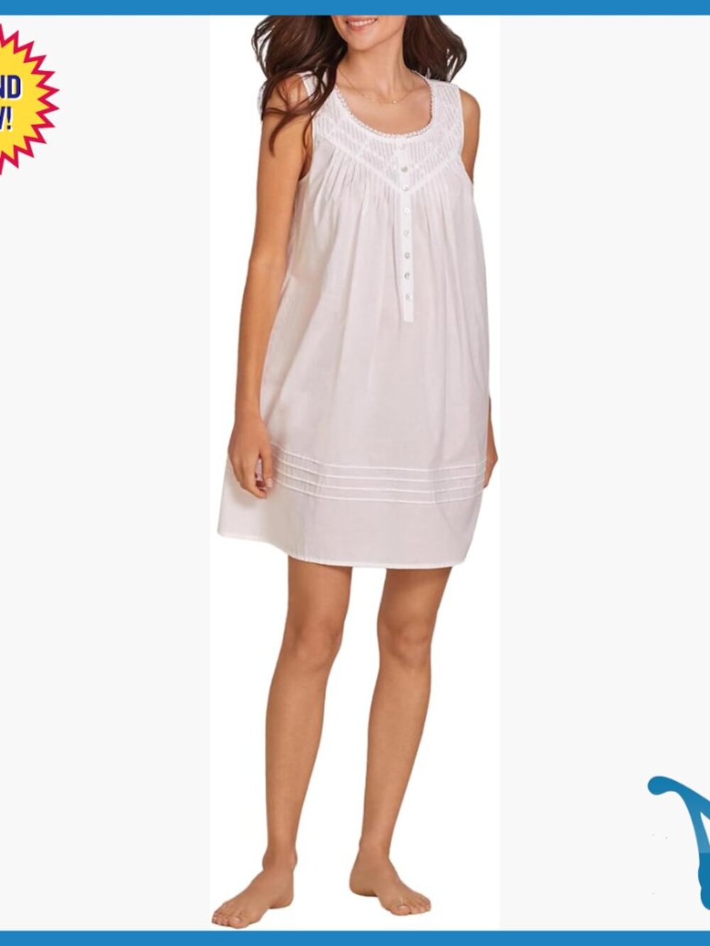 Small Cotton Sleeveless Nightgown, 36" Length, Button Front, Lace Trim